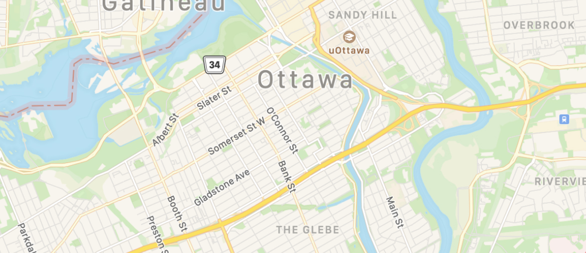 Map of Ottawa with a pin in the center.